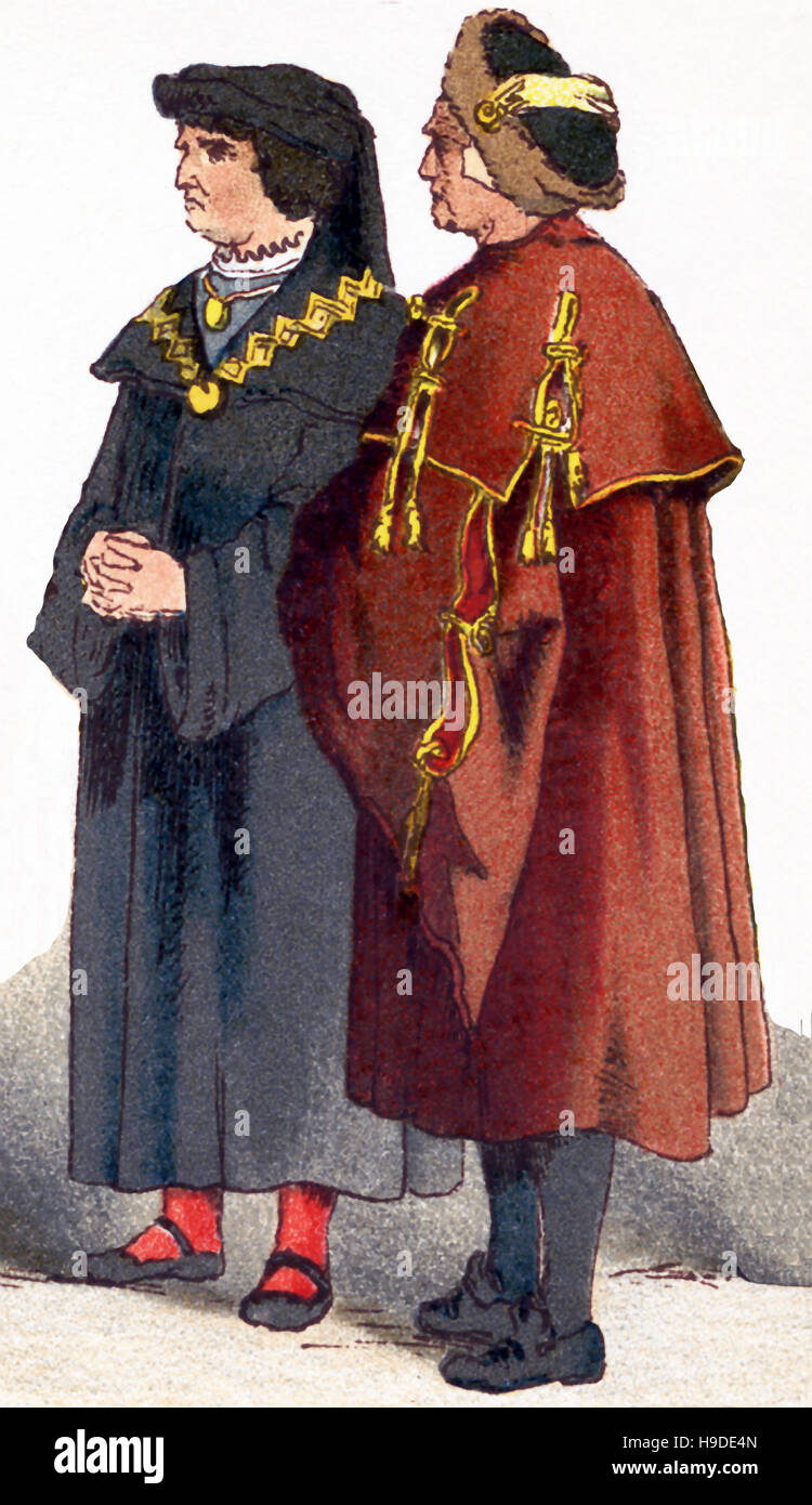 Le figure qui rappresentate sono due cittadini tedeschi di rango in costume di corte tra 1500 e 1550. L'illustrazione risale al 1882. Foto Stock