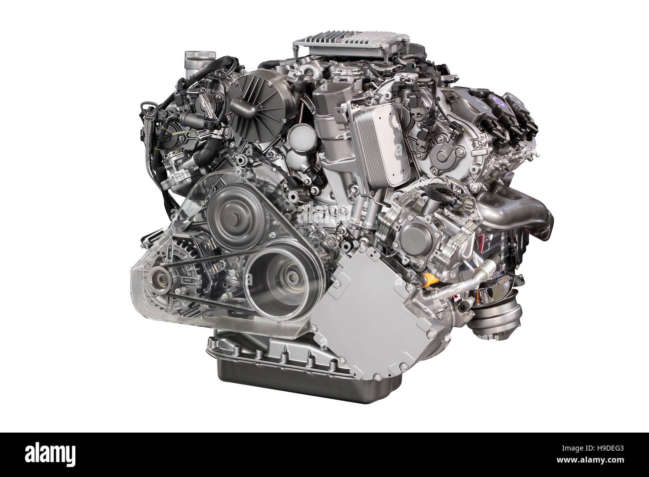 Potente motore auto isolato su bianco Foto Stock