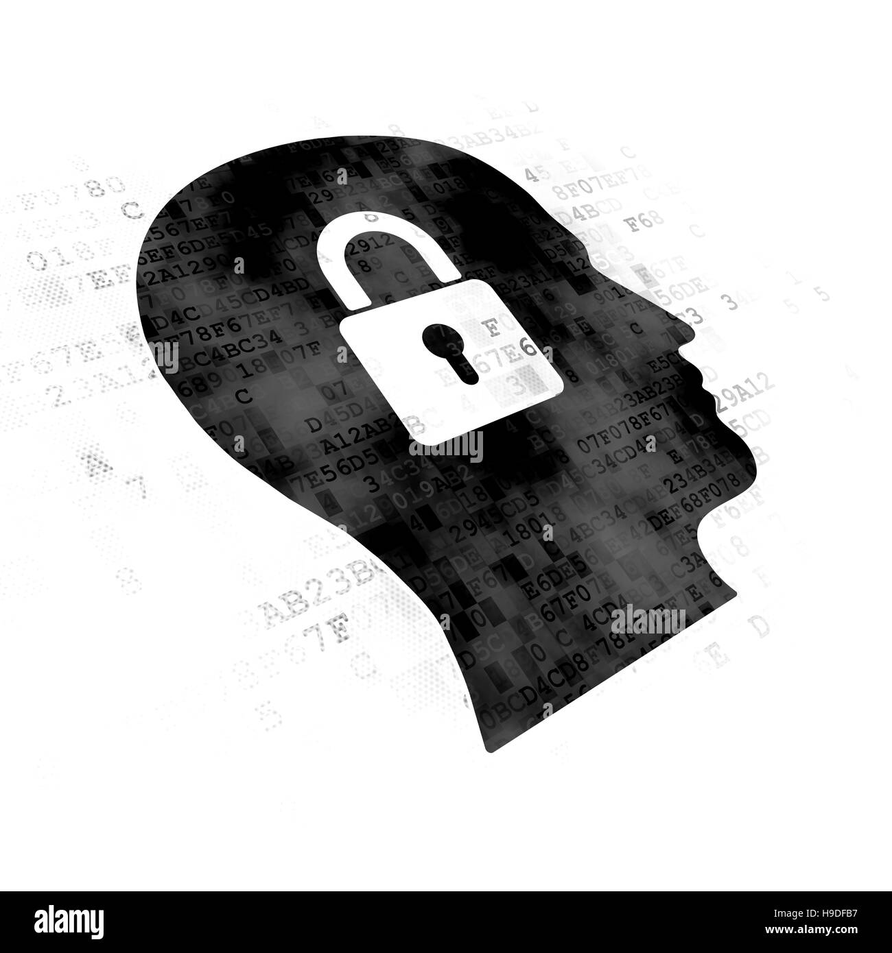 Concetto di dati: Testa con lucchetto sullo sfondo digitale Foto Stock
