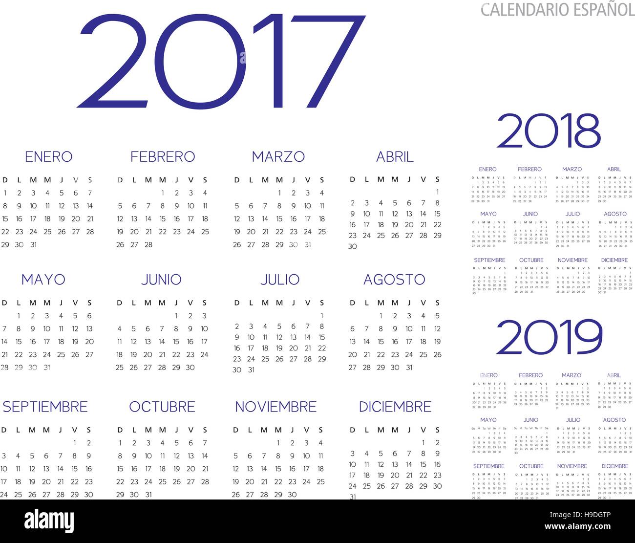 Calendario spagnolo il 2017-2018-2019 testo vettoriale è delineare la versione 10 Illustrazione Vettoriale