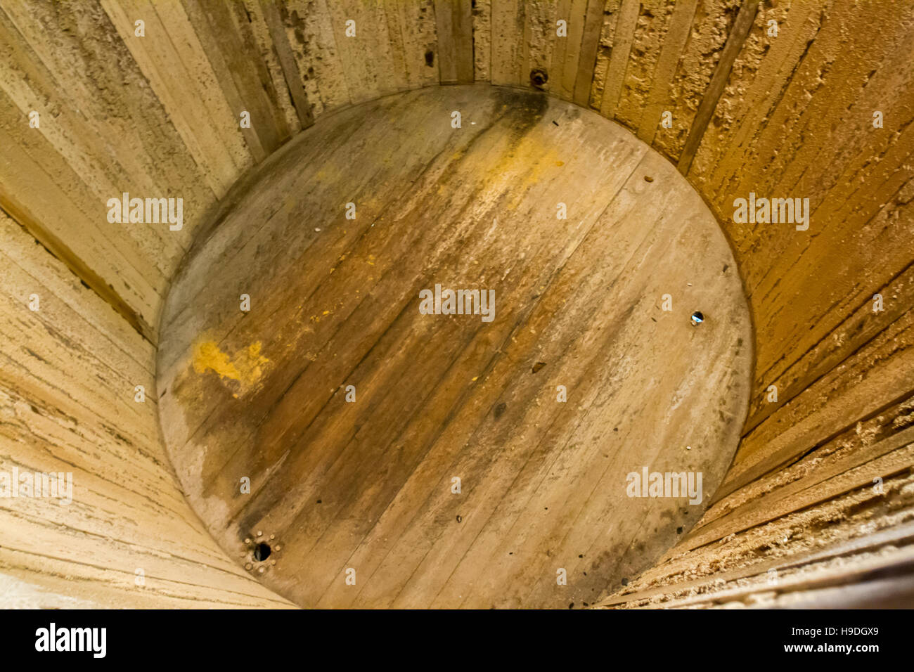 Interno del vuoto in legno serbatoio di fermentazione in distilleria di Borbone. Foto Stock