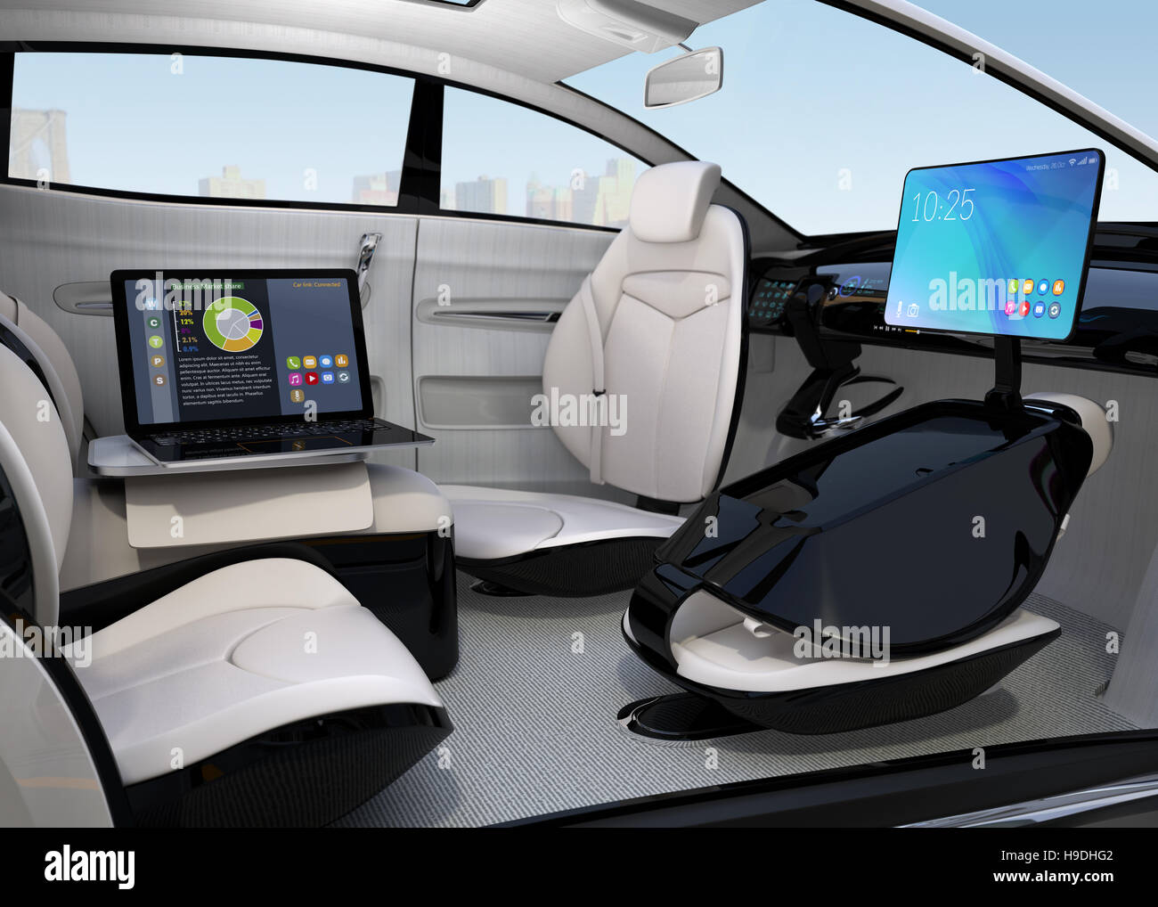 Auto autonoma interior design. Concept per il nuovo business stile di lavoro durante lo spostamento su strada. Il rendering 3D'immagine. Foto Stock