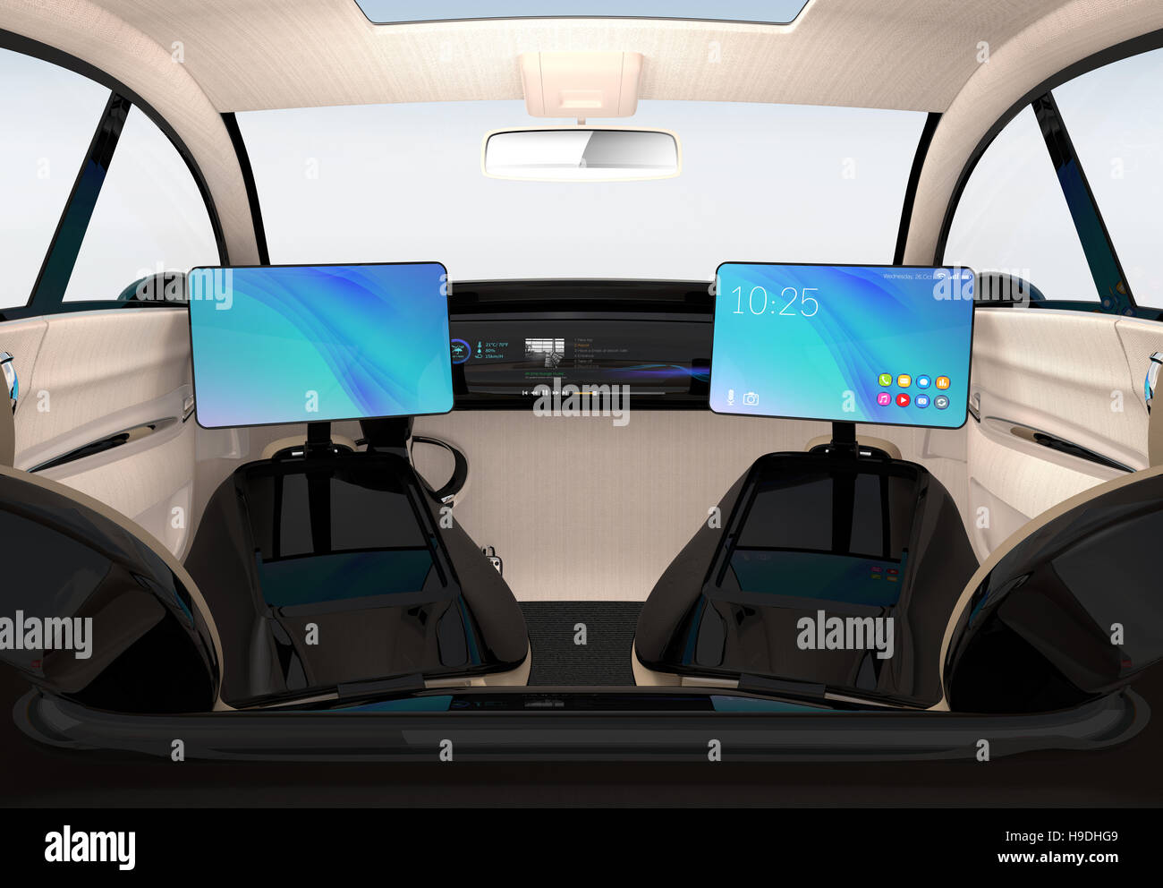 Auto autonoma interior design. Concept per il nuovo business stile di lavoro durante lo spostamento su strada. Il rendering 3D'immagine. Foto Stock