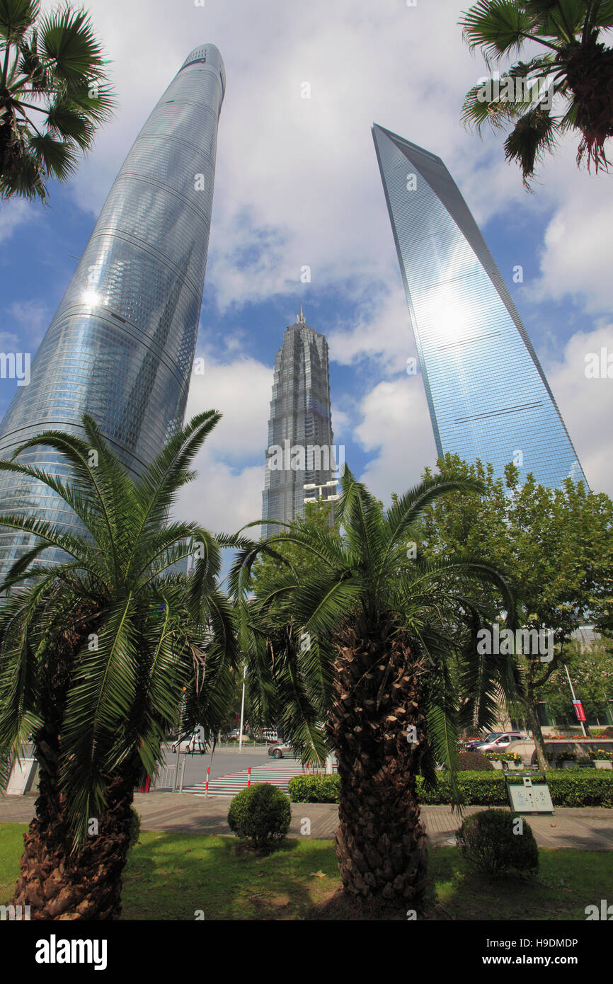 Cina, Shanghai Pudong, Shanghai Tower, la Torre Jinmao, il World Financial Center di Shanghai, Foto Stock