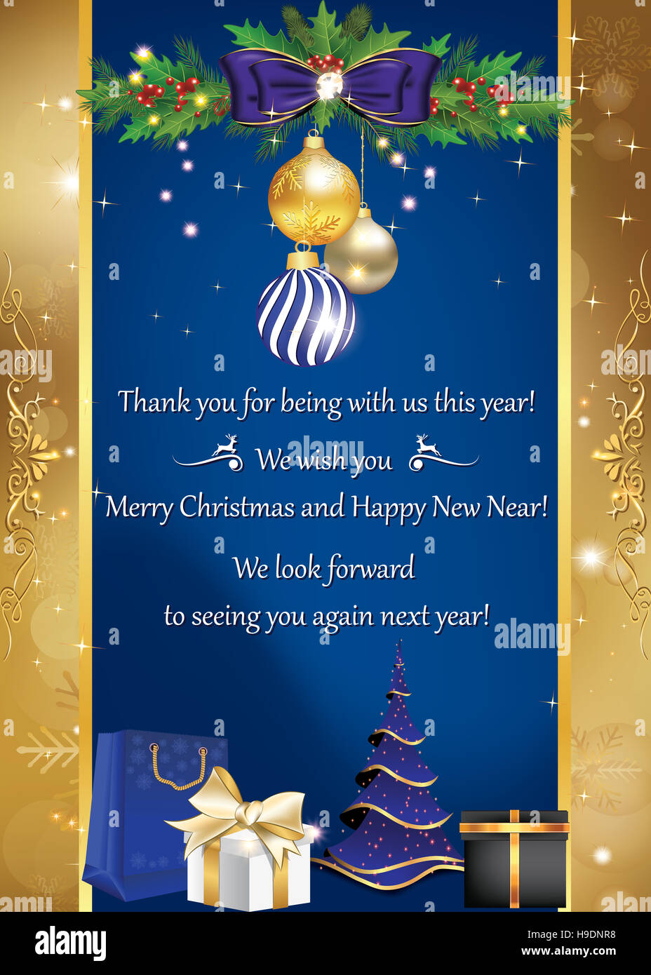 Business card per le vacanze invernali. Grazie per essere con noi questo anno. Buon Natale e felice anno nuovo Foto Stock