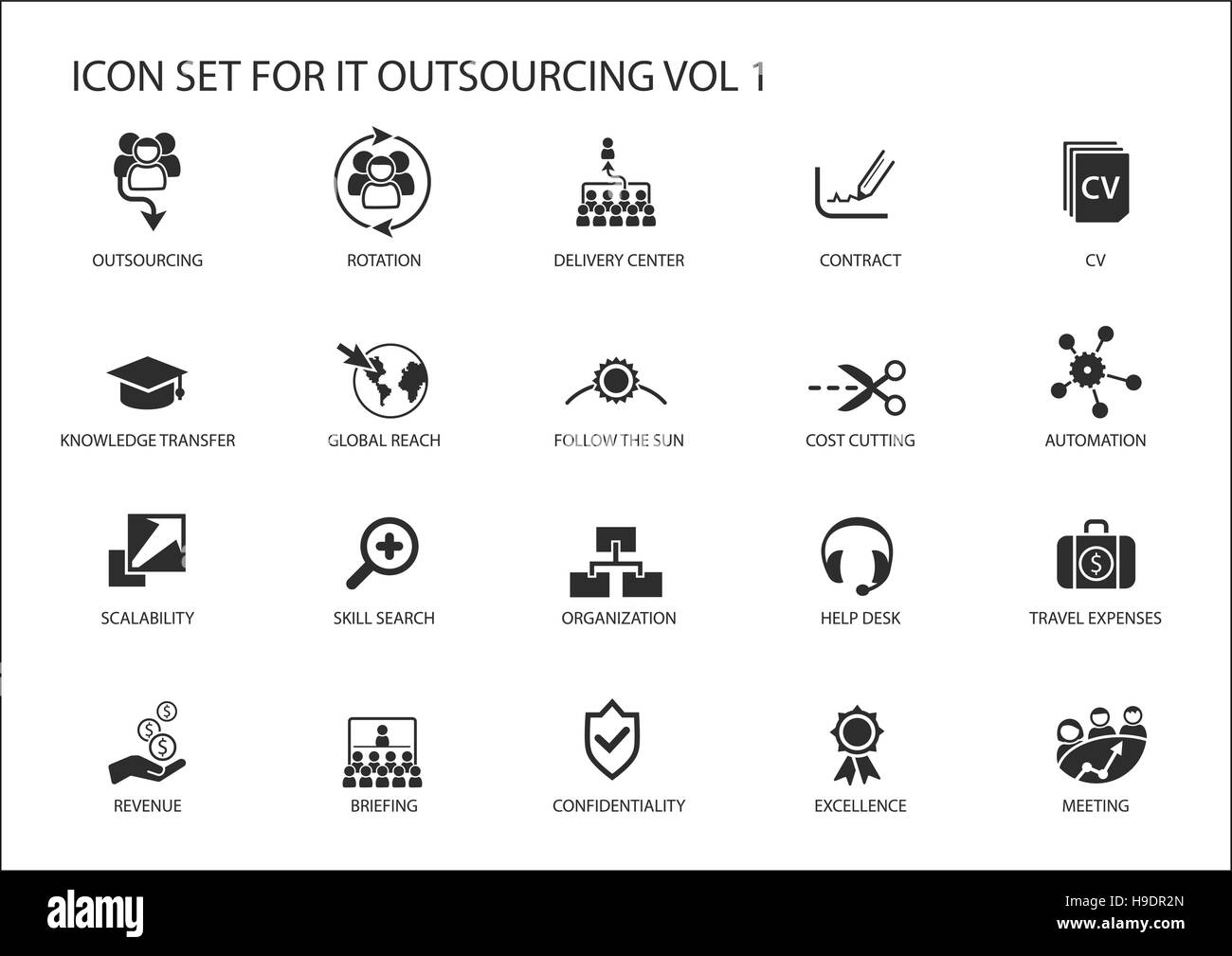 Varie IT outsourcing e offshore modello icone vettoriali globale in un modello operativo Illustrazione Vettoriale