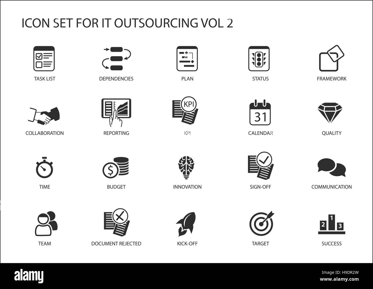 Varie IT outsourcing e offshore modello icone vettoriali globale in un modello operativo Illustrazione Vettoriale