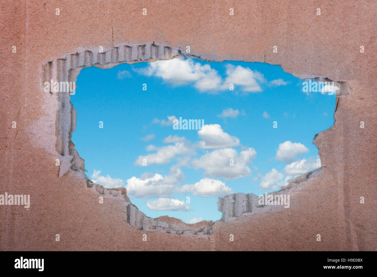 Una vista del cielo attraverso un foro nella scatola in cartone Foto Stock