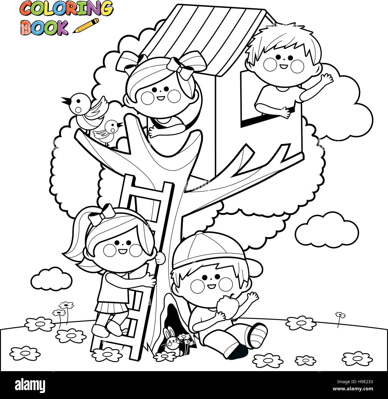 Bambini che giocano in un albero di casa libro da colorare pagina Immagine  e Vettoriale - Alamy