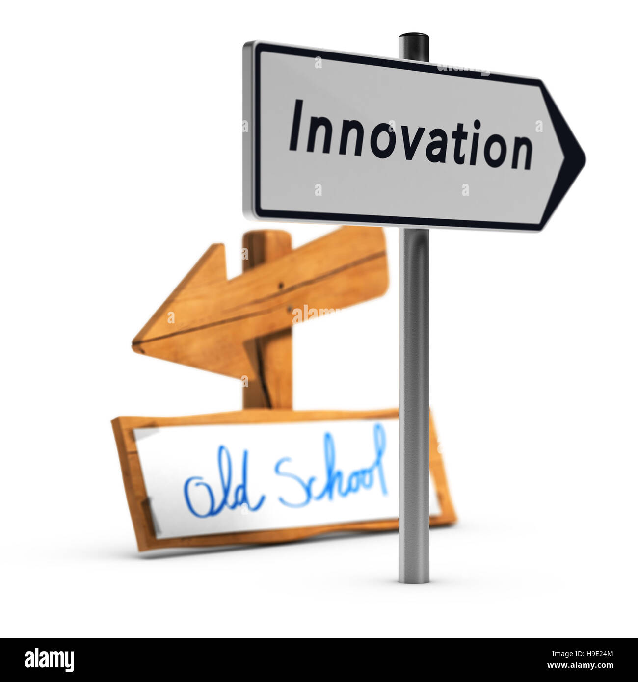 3D'illustrazione di due cartelli stradali con testo di vecchia scuola e innovazione su sfondo bianco, concetto di business innovativi Foto Stock
