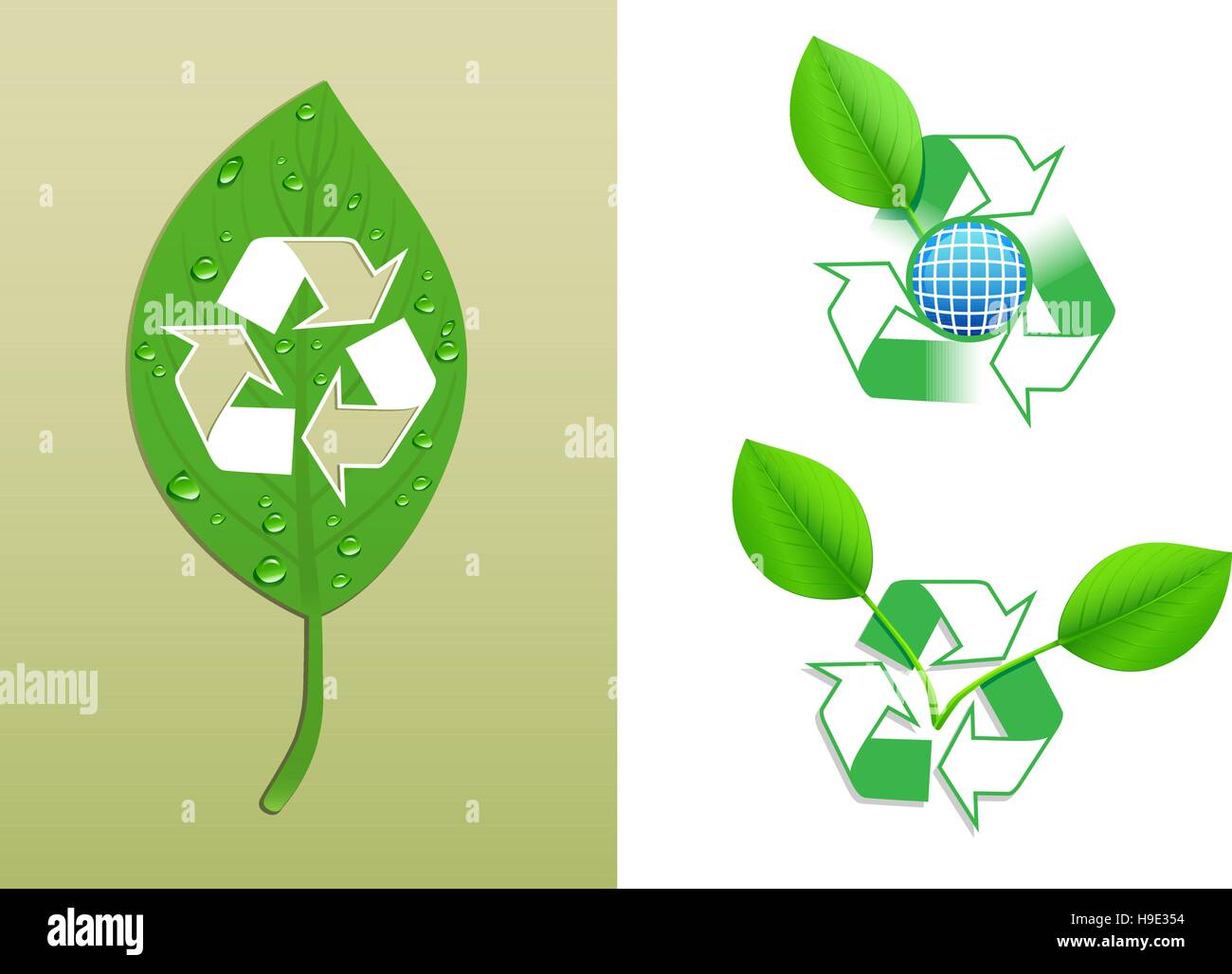Simbolo di riciclaggio su un fresco verde foglia, icona di riciclo con il mondo e la crescita di foglia, icona di riciclo con crescite nuovo Illustrazione Vettoriale