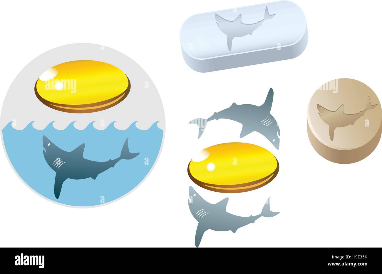 Olio di fegato di squalo softgel al, cartilagine di squalo pillola, pinna di squalo medicina e vitamine Illustrazione Vettoriale