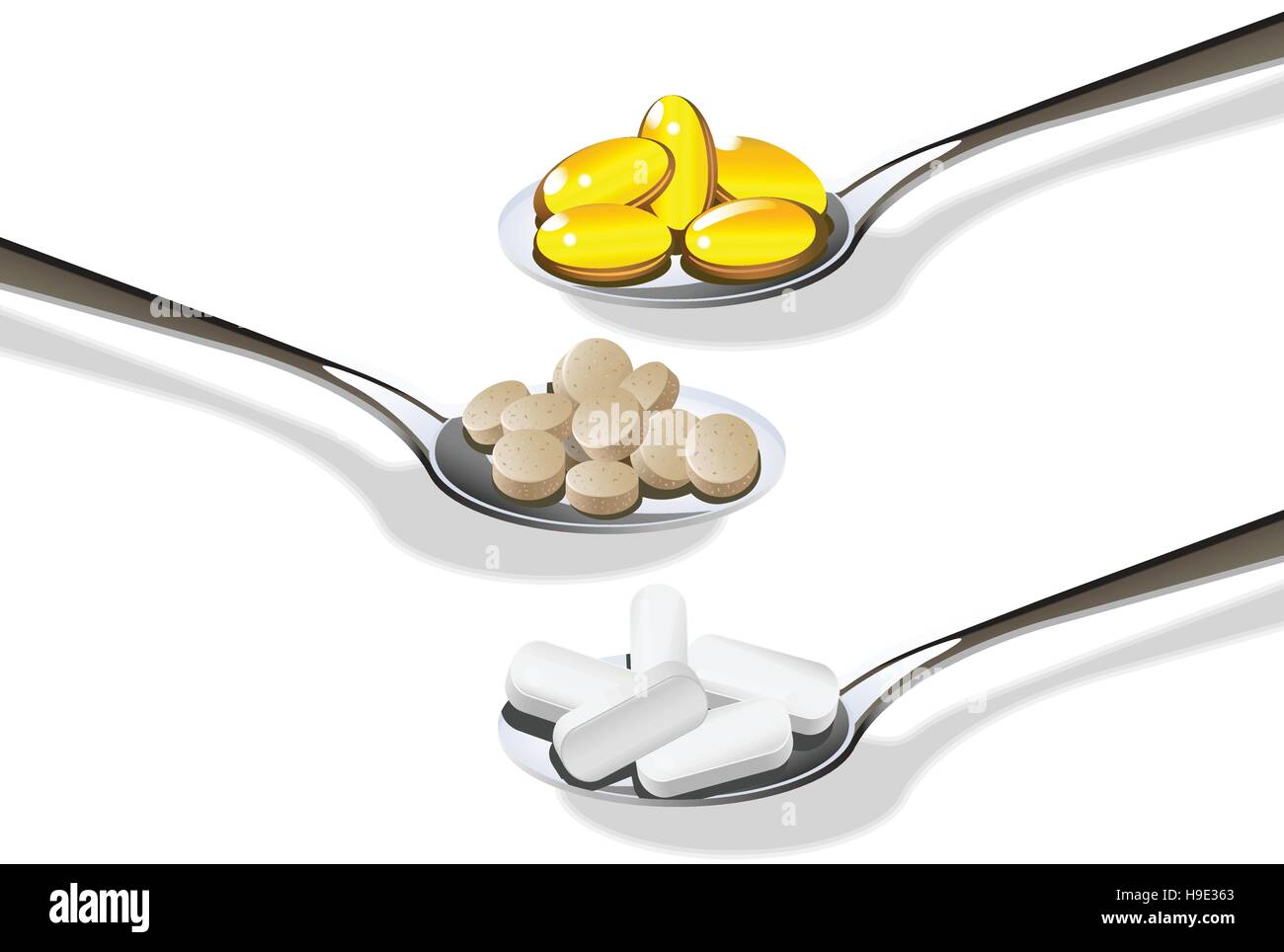 Cucchiaio di vitamine E e B12, C, pillole e capsule integratori nutrizionali Illustrazione Vettoriale