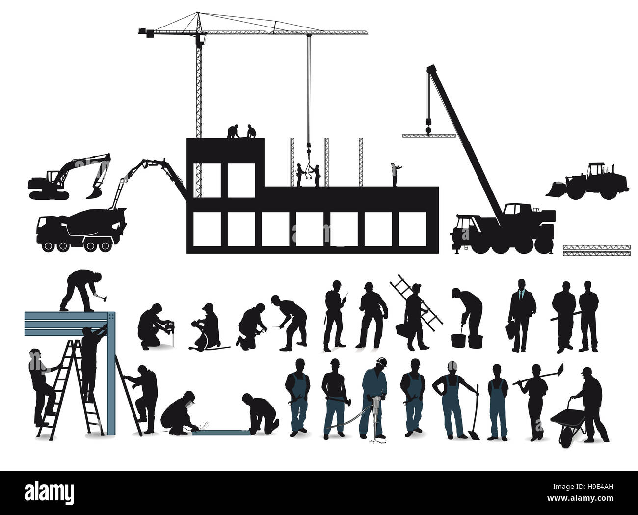 Progetto di costruzione con lavoratori edili Foto Stock