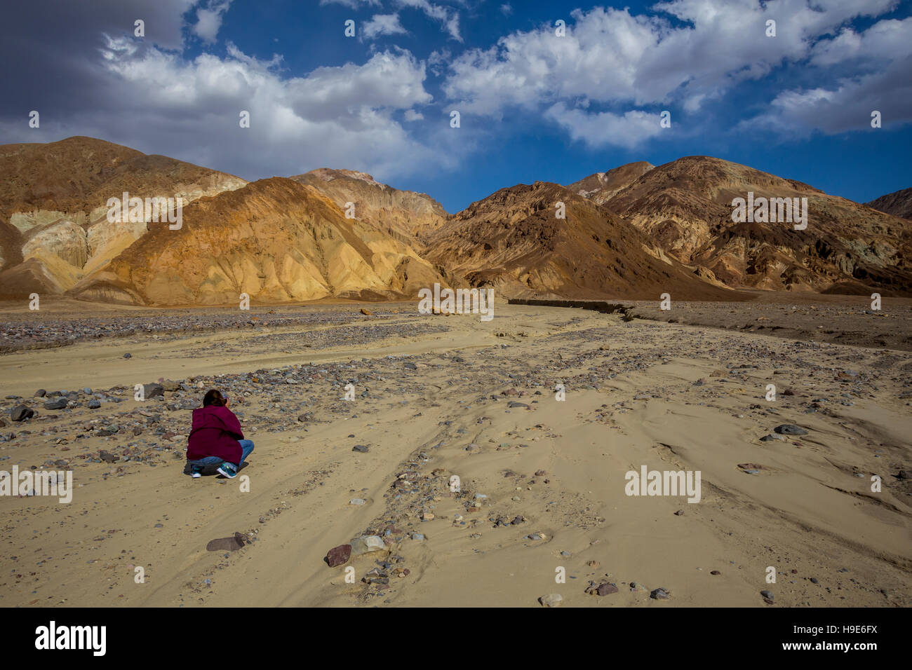 Fotografo femmina, il paesaggio del deserto, lungo, Badwater Road, Parco Nazionale della Valle della Morte, Death Valley, California Foto Stock
