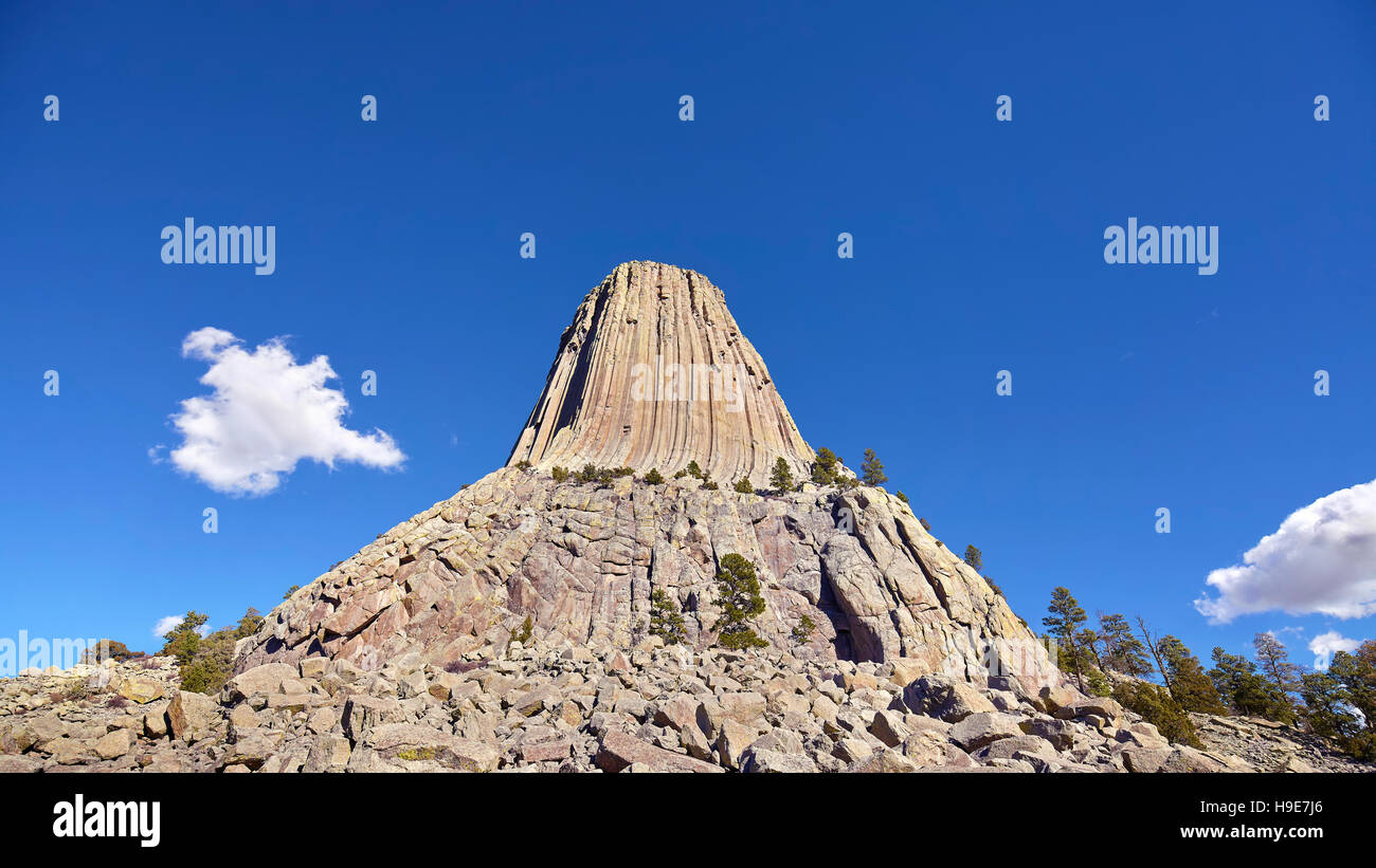 Foto panoramica della Devils Tower, un laccolith butte composto di roccia ignea al Bear Lodge montagne, monumento nazionale nel Wyoming, STATI UNITI D'AMERICA. Foto Stock