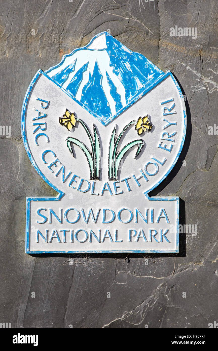 Parco Nazionale di Snowdonia segno su ardesia. Foto Stock