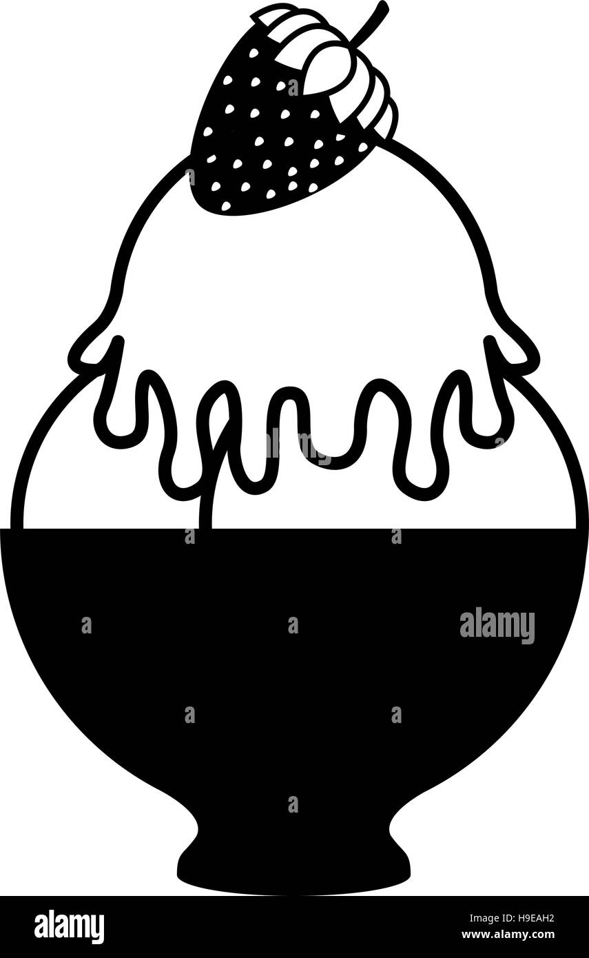 Silhouette monocromatico con coppa di gelato alla fragola e illustrazione vettoriale Illustrazione Vettoriale