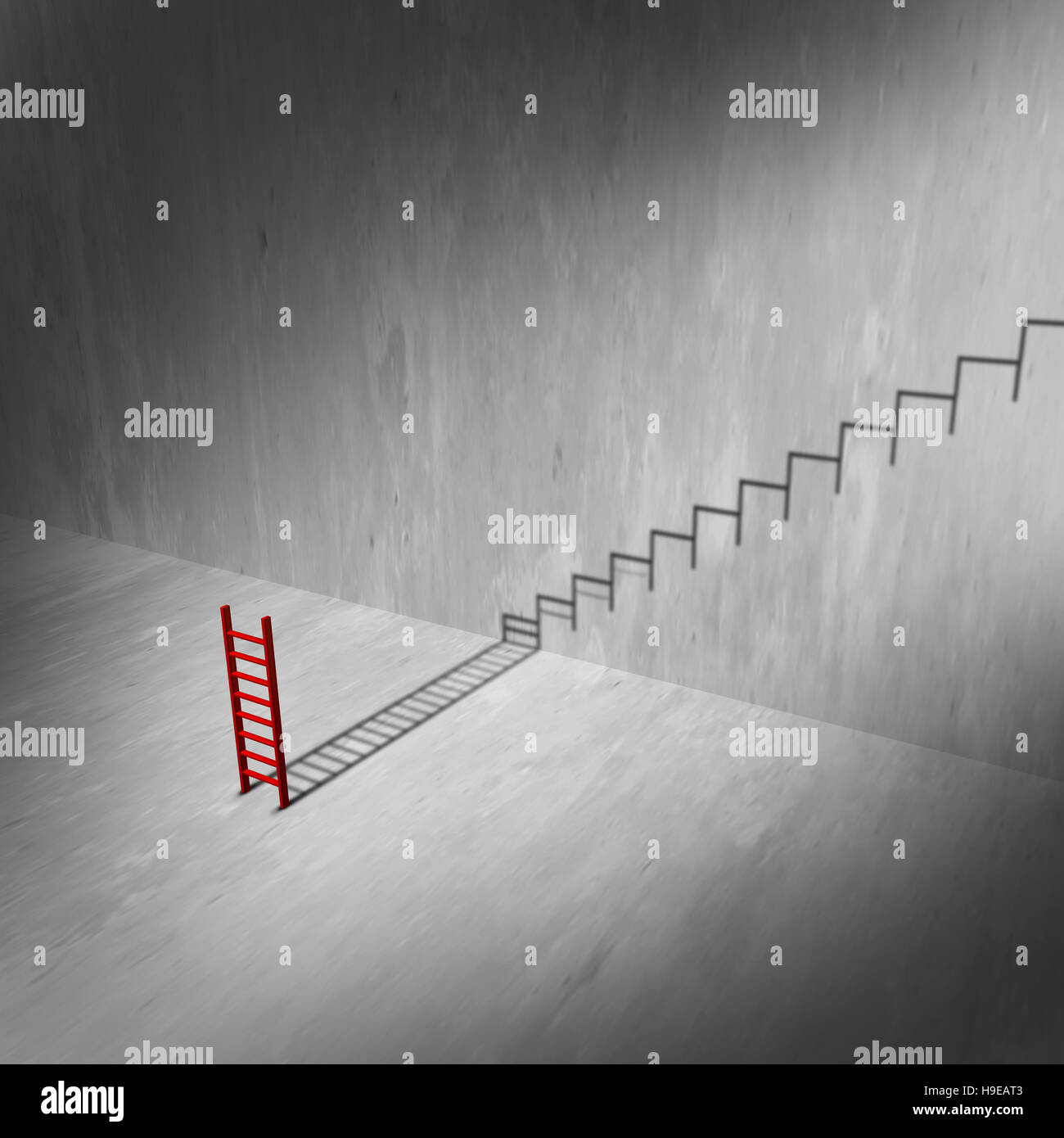 La scaletta di successo e scale concetto come strumento di arrampicata getta un' ombra di una scala o di scale come un infinito ascesa al successo metafora e ambizione sy Foto Stock