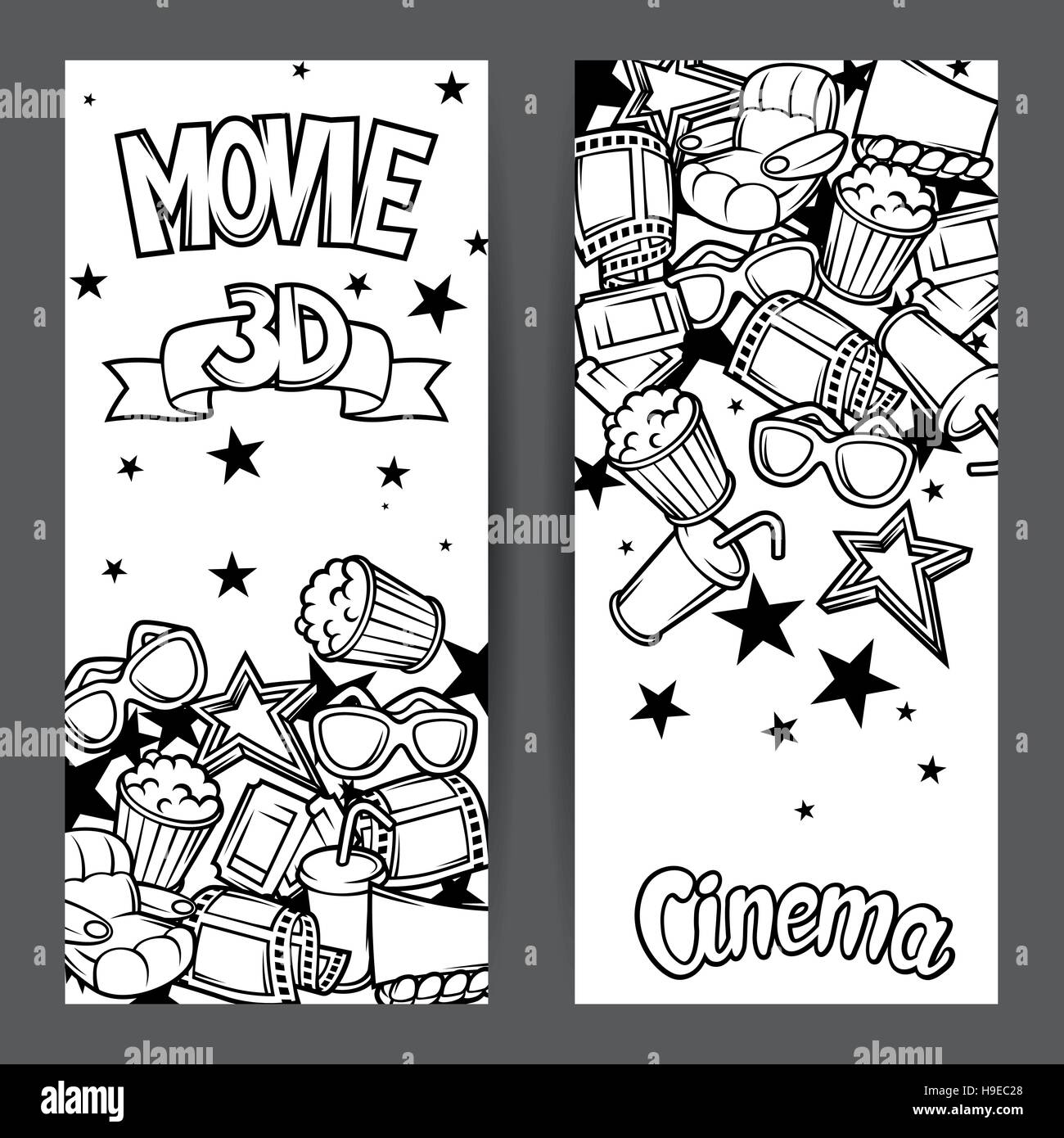 Cinema e film in 3d di banner pubblicitari in stile cartoon Illustrazione Vettoriale