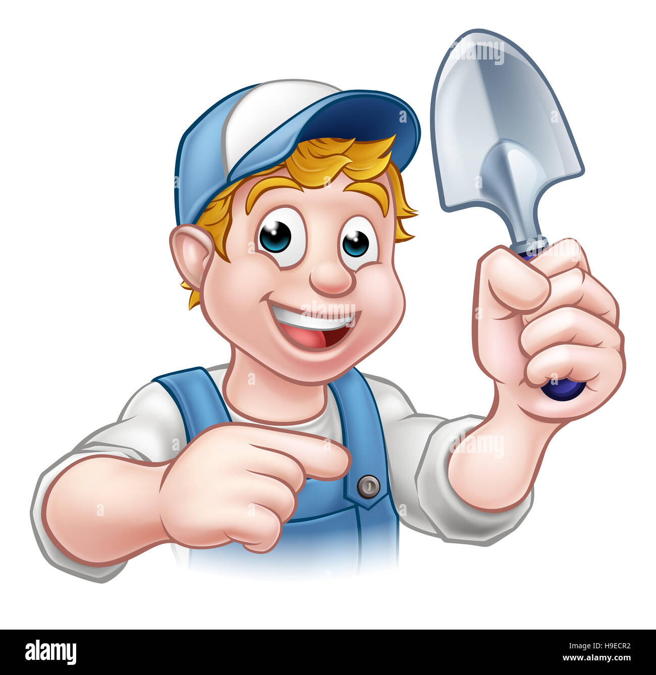 Un cartoon giardiniere tenendo un utensile da giardinaggio e puntamento Foto Stock