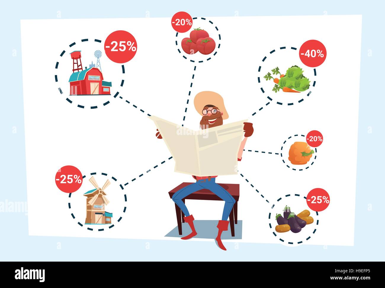 Agricoltore personaggio dei cartoni animati Cowboy Senior leggere giornali Farm vendita stagionale Illustrazione Vettoriale