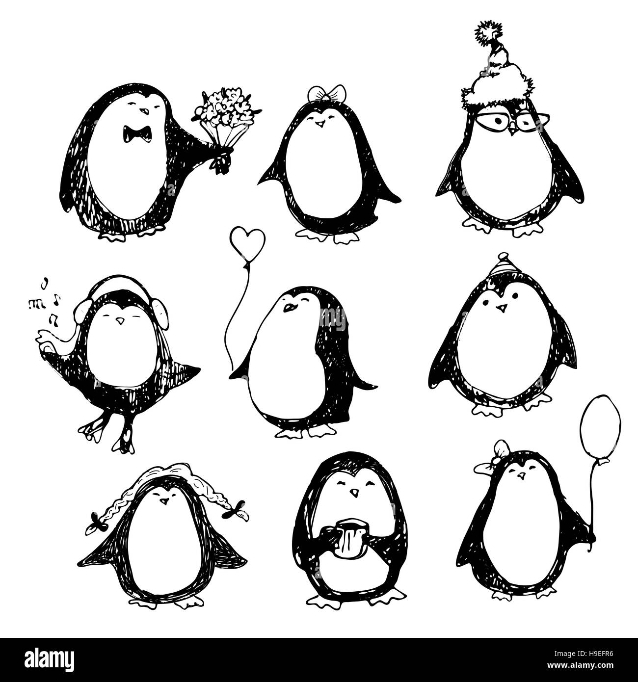 Carino disegnato a mano i pinguini set. Buon Natale saluti Foto Stock
