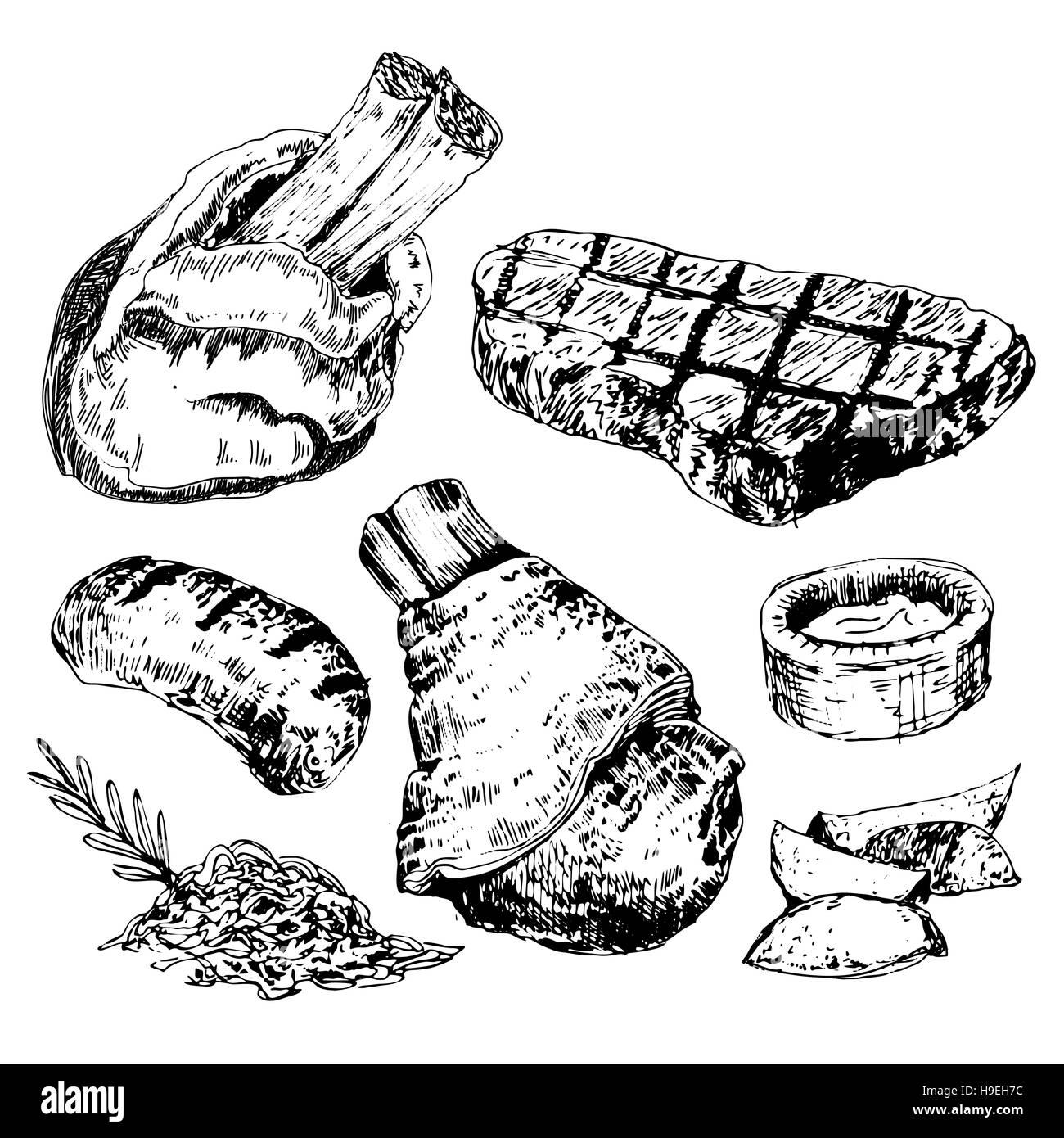 Varie carni Doodle: salsicce, wurst, Wiener, salame, bistecca schizzo del disegno a mano Foto Stock