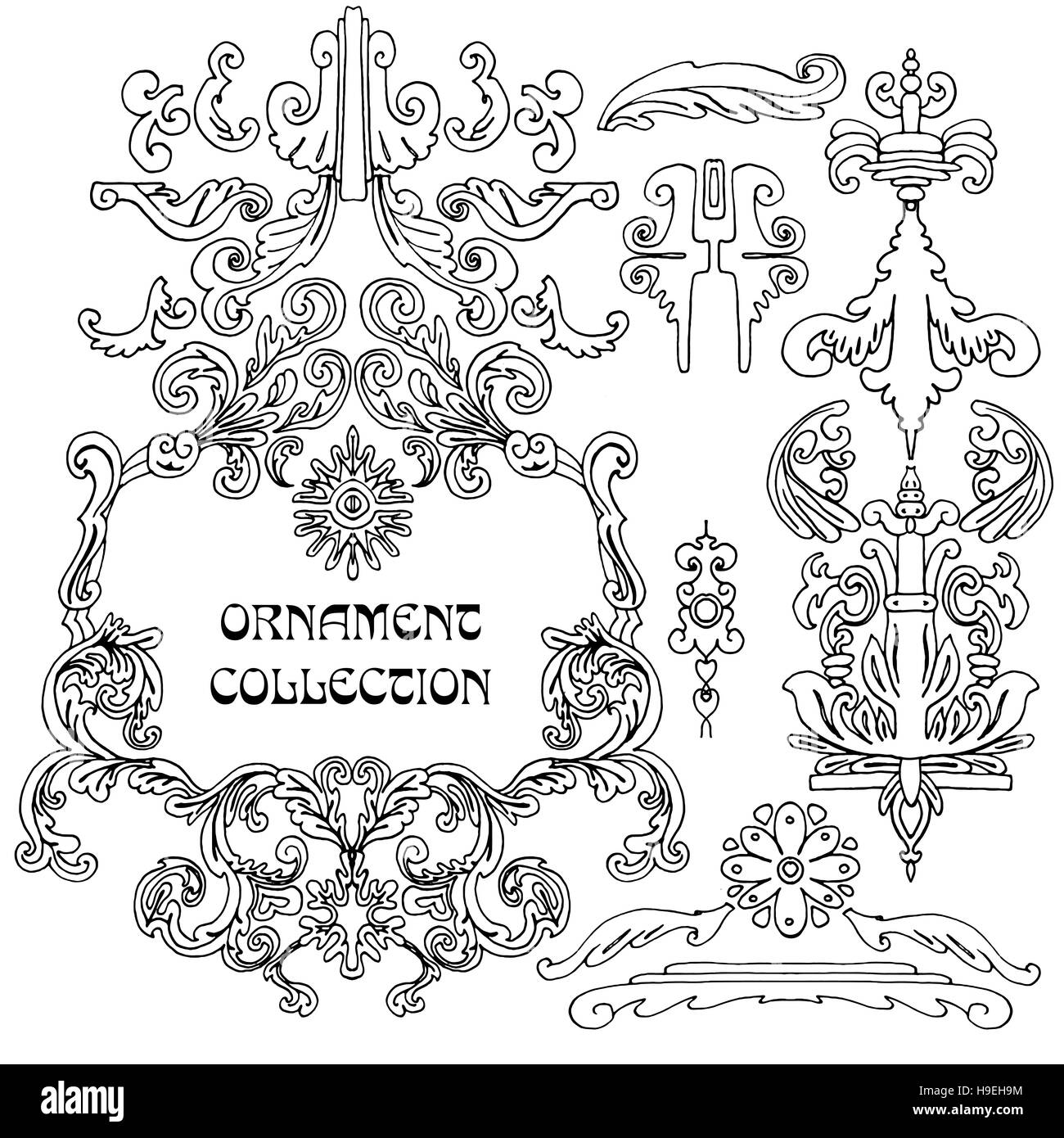 Disegnata a mano gli elementi di progettazione e decorazione di pagina, vintage classico telaio raccolta con fiori e foglie Foto Stock Disegnata a mano gli elementi di progettazione e decorazione di pagina, vintage classico telaio raccolta con fiori e foglie Foto Stock