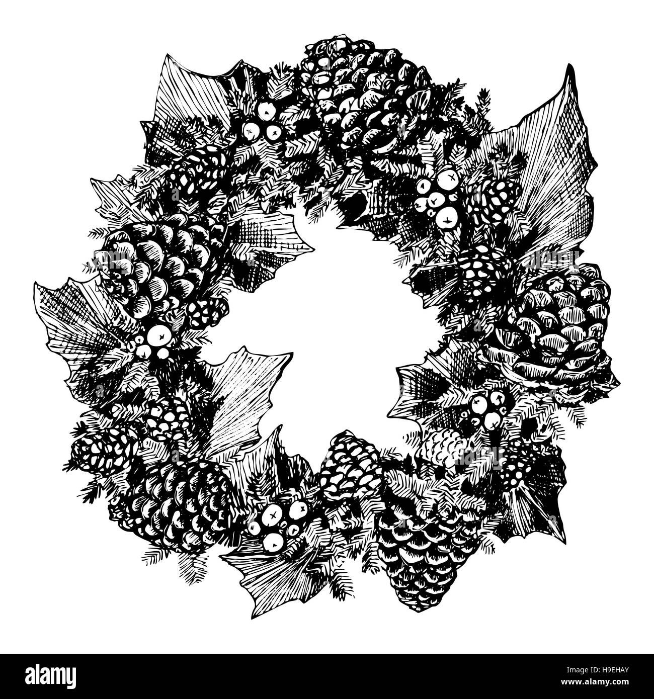 Disegnata a mano ghirlanda di Natale con i coni e gli aghi Foto Stock