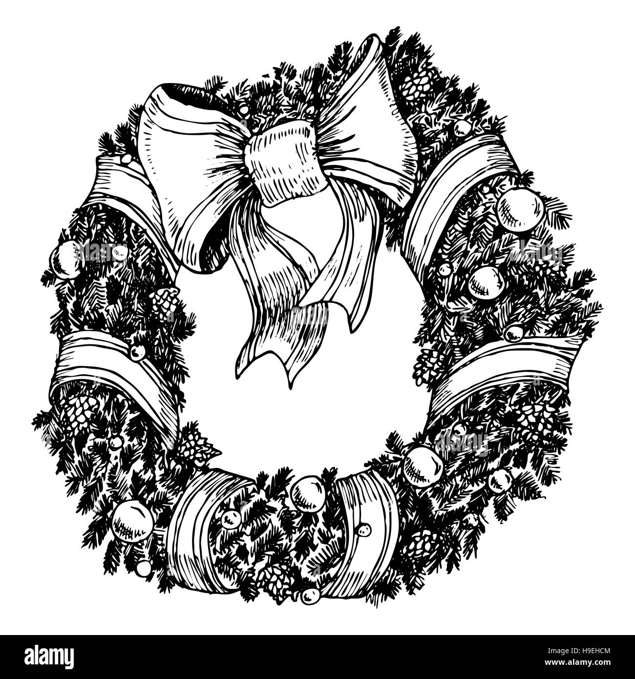 Disegnata a mano ghirlanda di Natale con i coni e gli aghi Foto Stock