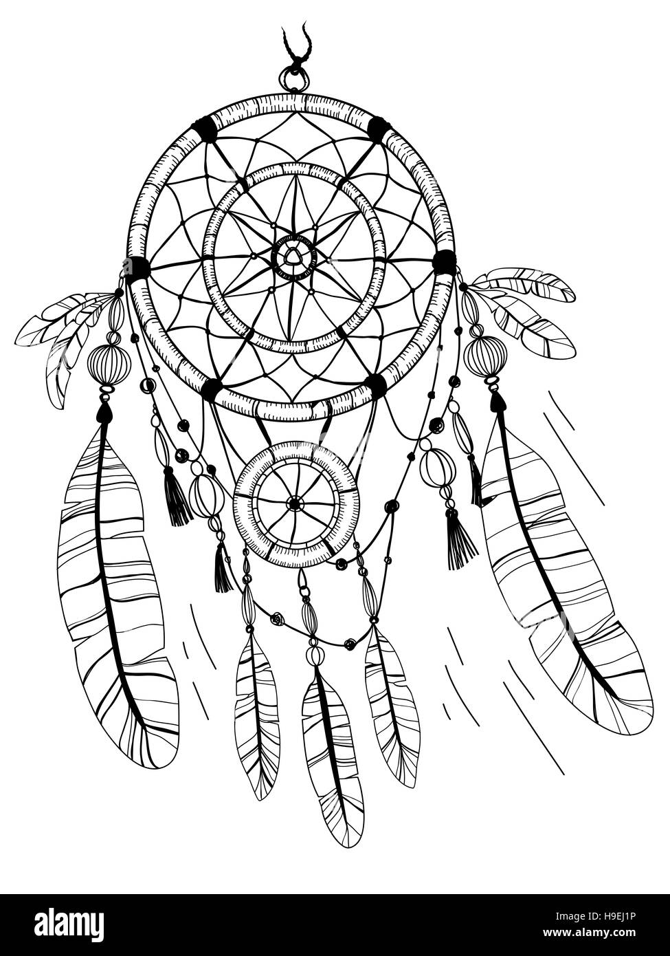 Dreamcatcher, piume e perline. Native American Indian dream catcher, simbolo tradizionale Foto Stock