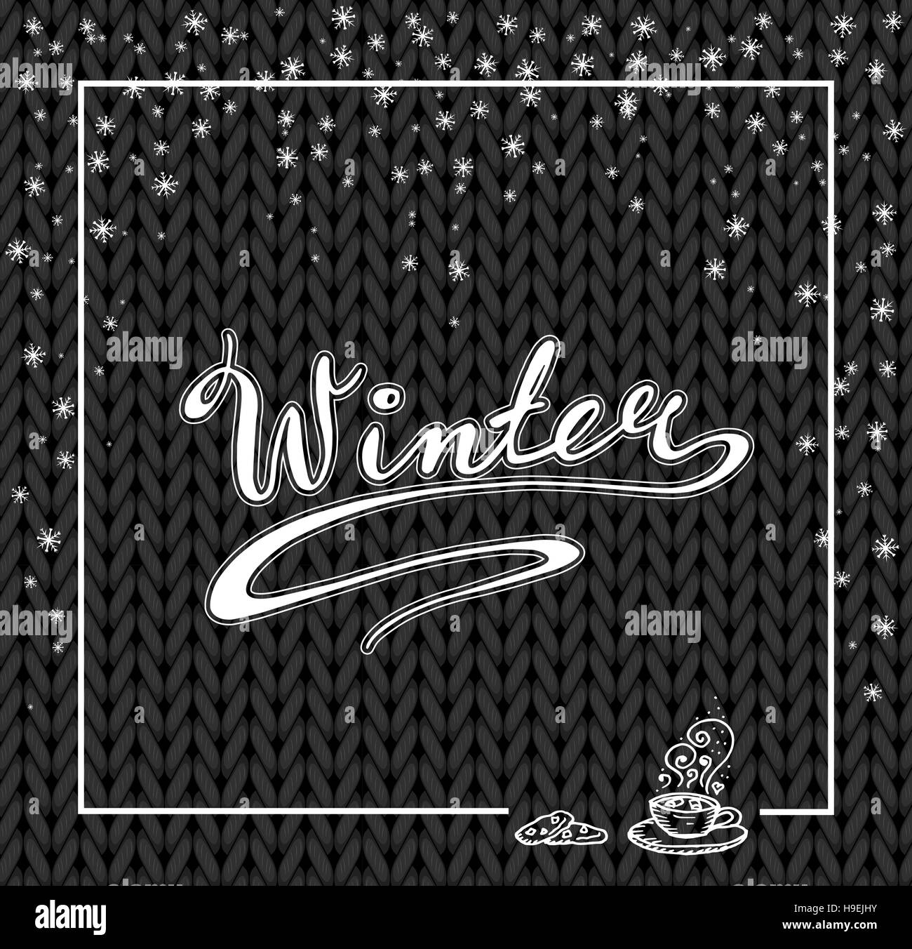 Lettering d'inverno. Disegnato a mano. Neve e cioccolata calda. Vettore. Nero Illustrazione Vettoriale