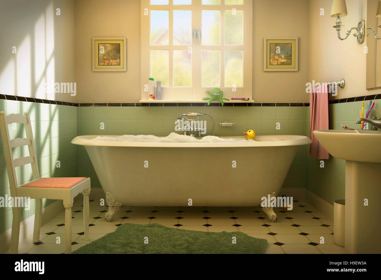 Rubber Duck galleggianti in bagno di bolle Foto Stock