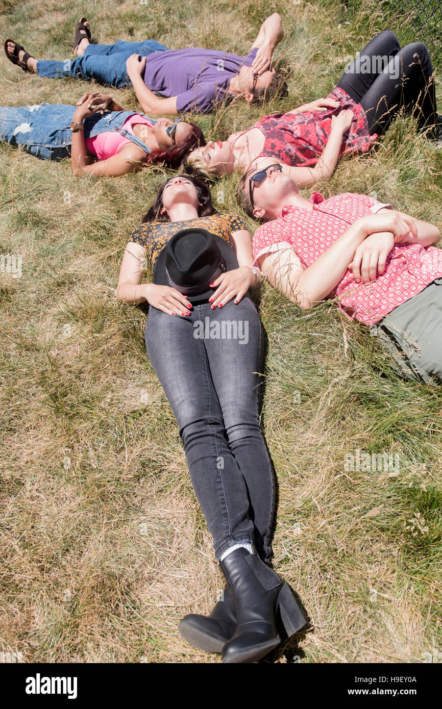 Amici rilassante nella soleggiata campo in erba Foto Stock