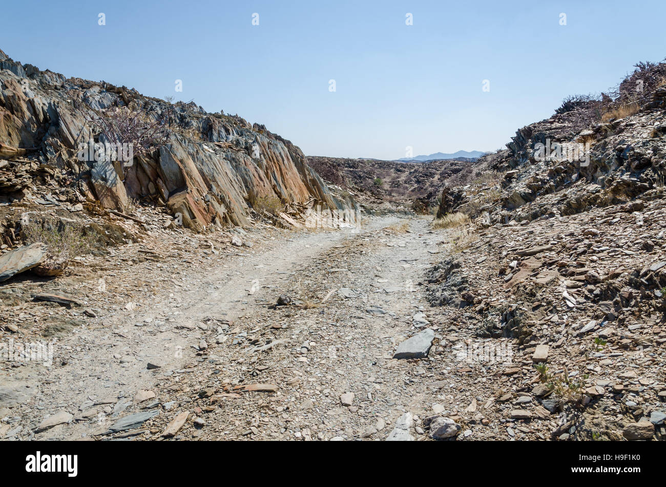 Traccia in esecuzione attraverso rocciose deserto arido scenario in antico deserto del Namib dell Angola Foto Stock