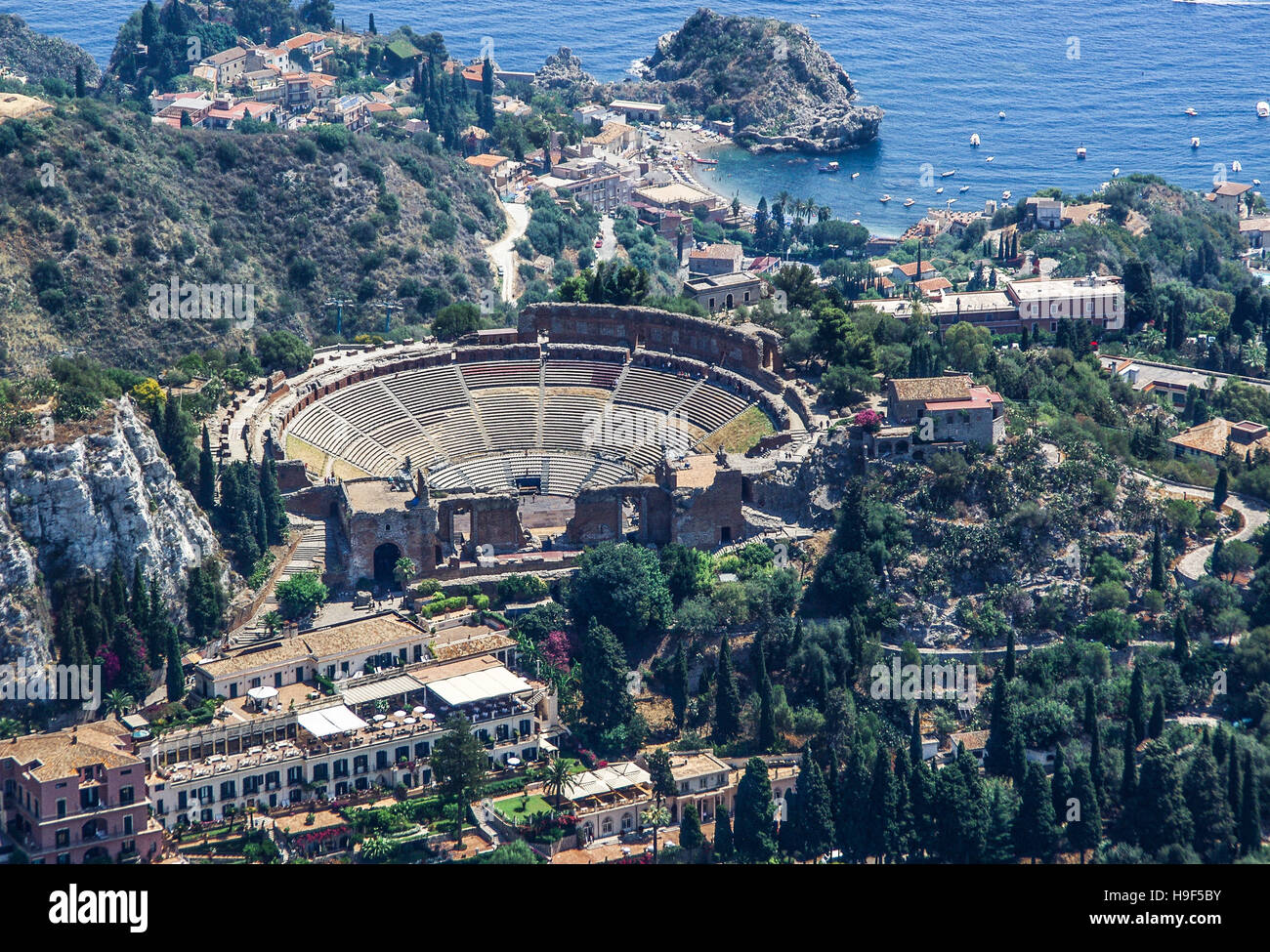 Veduta aerea del Teatro Greco di Taormina in Sicilia Foto Stock