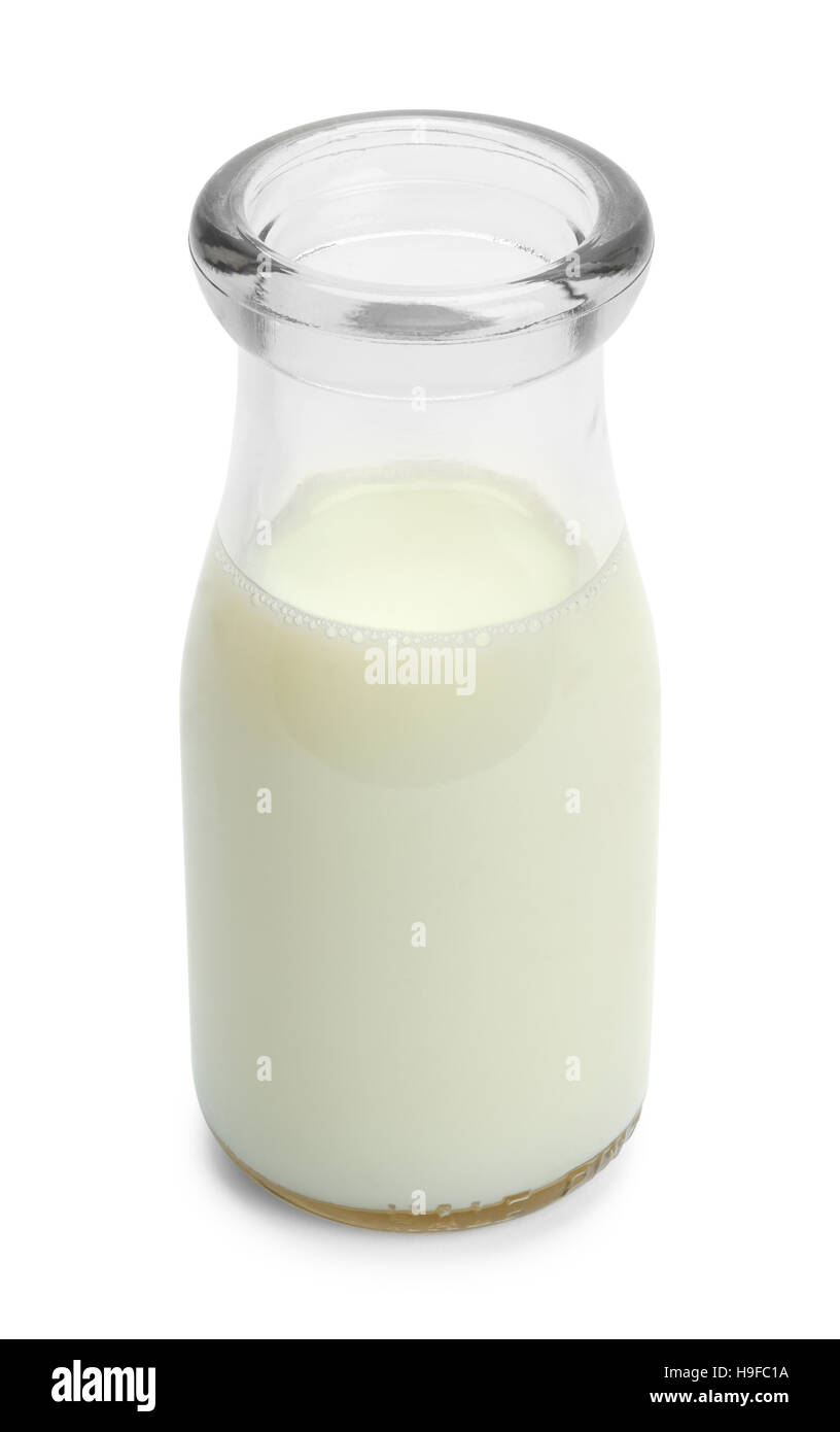 Mezza pinta di vetro bottiglia di latte isolato su sfondo bianco. Foto Stock