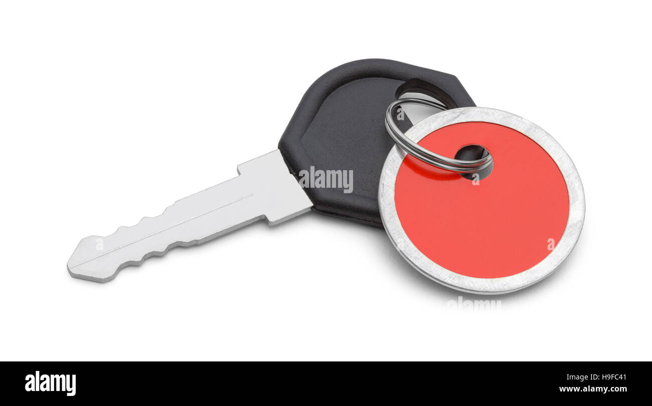 Chiave auto con etichetta rossa isolato su sfondo bianco. Foto Stock
