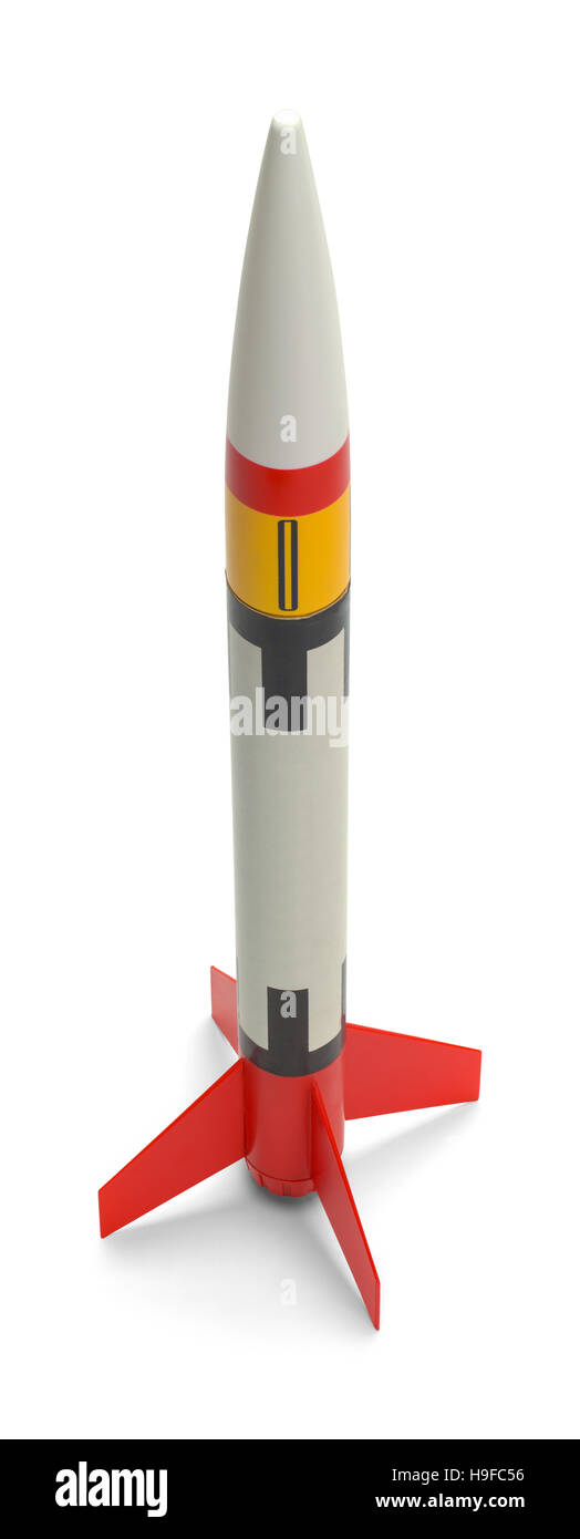 Toy Missile Razzo Spaziale isolato su sfondo bianco. Foto Stock