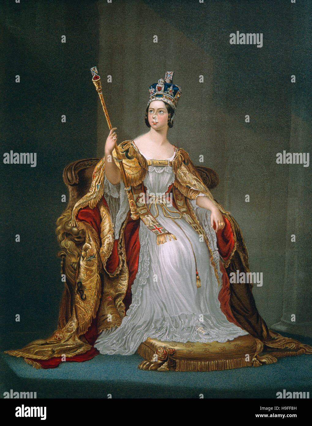 Giubileo della regina Victoria - Queen Victoria in costume sacro - 1837 - Incisione Regina del Regno Unito di Gran Bretagna e Irlanda dal 1837 unt Foto Stock