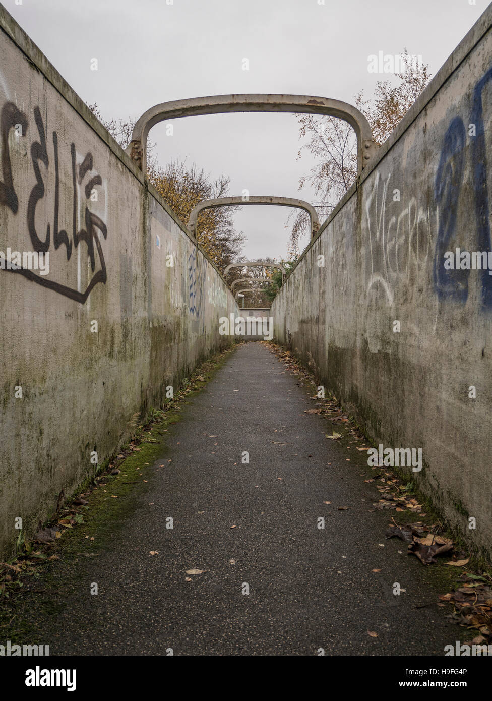 Ponte pedonale coperto di graffiti, oltre la Wharfedale linea ferroviaria vicino a Guiseley stazione ferroviaria, Leeds, West Yorkshire Foto Stock