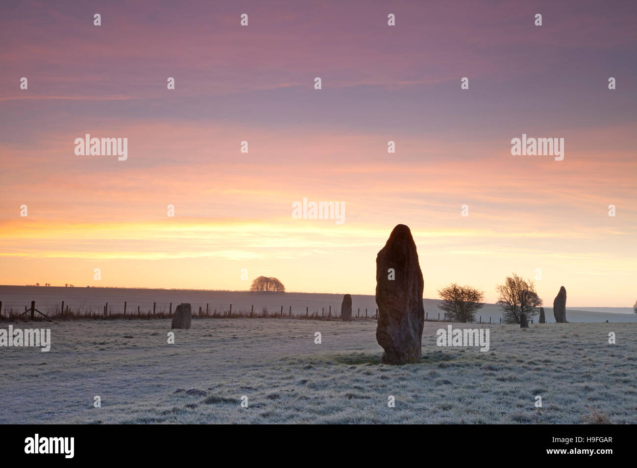 Inizio su un gelido Febbraio mattina presso la West Kennet Avenue, ad Avebury nel Wiltshire, Inghilterra, un sito Patrimonio Mondiale dell'UNESCO. Foto Stock