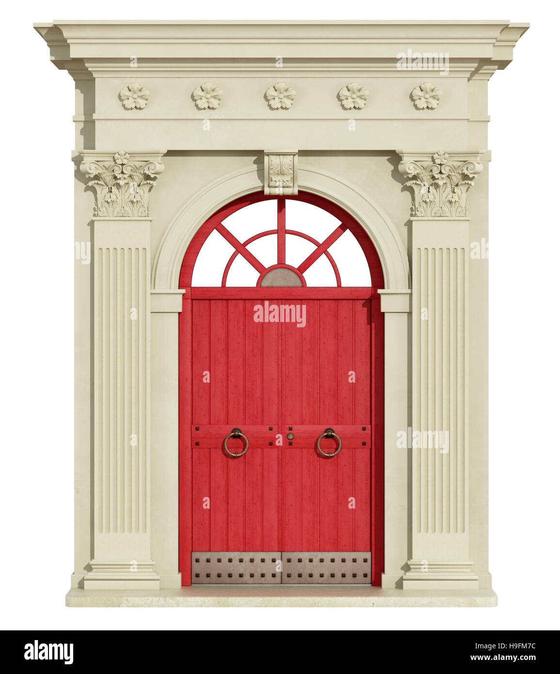 Arco classico con colonne corinzie e rosso porta anteriore - 3D Rendering Foto Stock