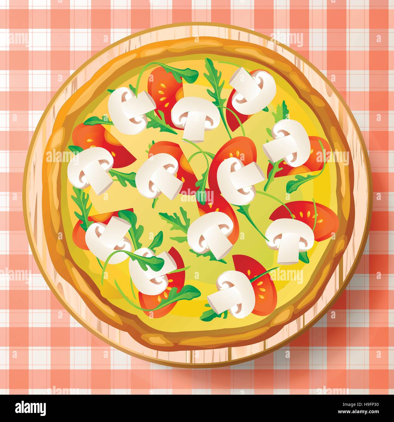 Pizza italiana champignon fungo formaggio mozzarella pomodoro fresco rucola gustosa rucola rucola tagliere di legno. Vector bel segno menu vista superiore Illustrazione Vettoriale