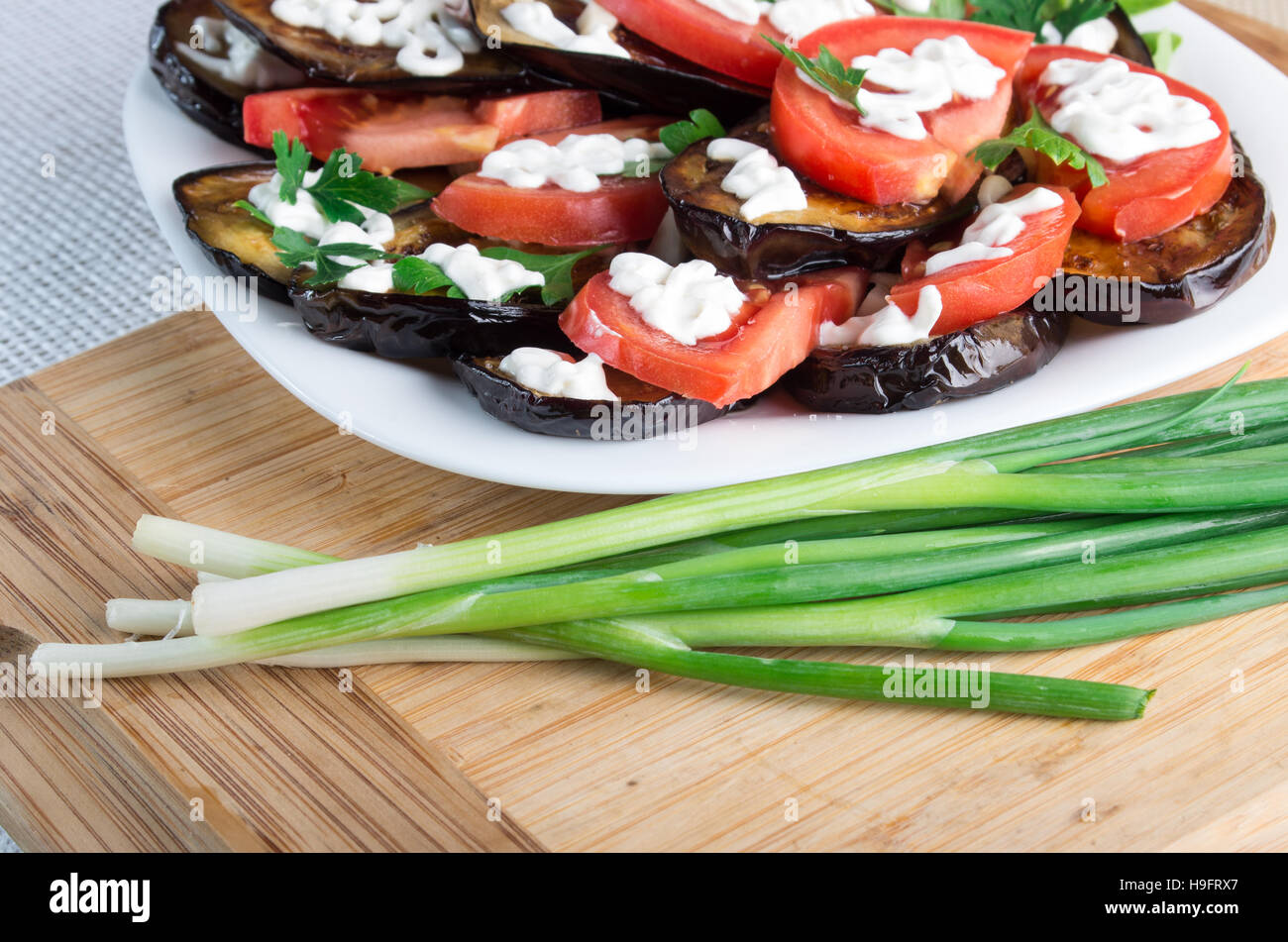 Piatti vegetariani di stufati di melanzane, pomodori freschi e mozzarella con erbe e porri Foto Stock