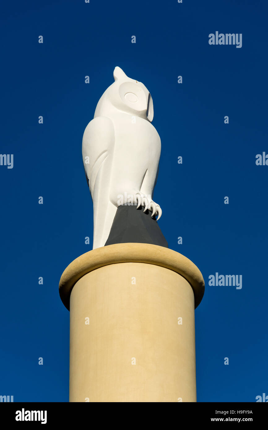 Il gufo scultura su una colonna, Yorkshire Street, Oldham, Greater Manchester, UK. Il Gufo è rappresentato sullo stemma di Oldham. Foto Stock