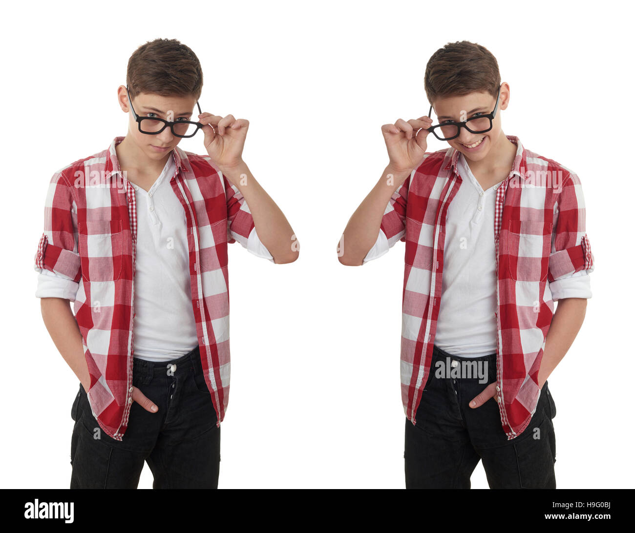 Carino adolescente ragazzo bianco su sfondo isolato Foto Stock