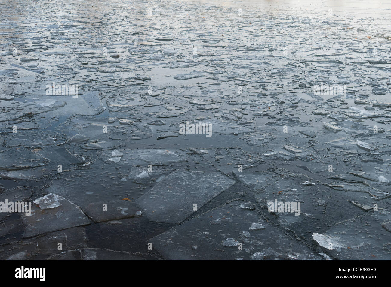 Rotto il ghiaccio pericoloso sullo stagno in novembre Foto Stock