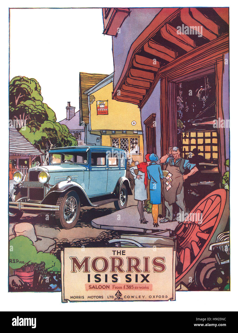 1930 British pubblicità per la Morris Isis sei autovettura illustrata da R.S. Pike Foto Stock